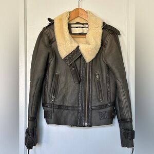 Women’s Topshop Real Leather and Shearling Bomber Jacket - Brownish green.
